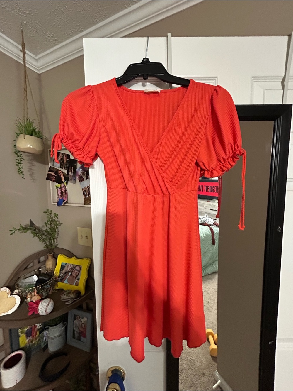 See By Chloe Coral Red V-Neck Puff Sleeve Mini Dress